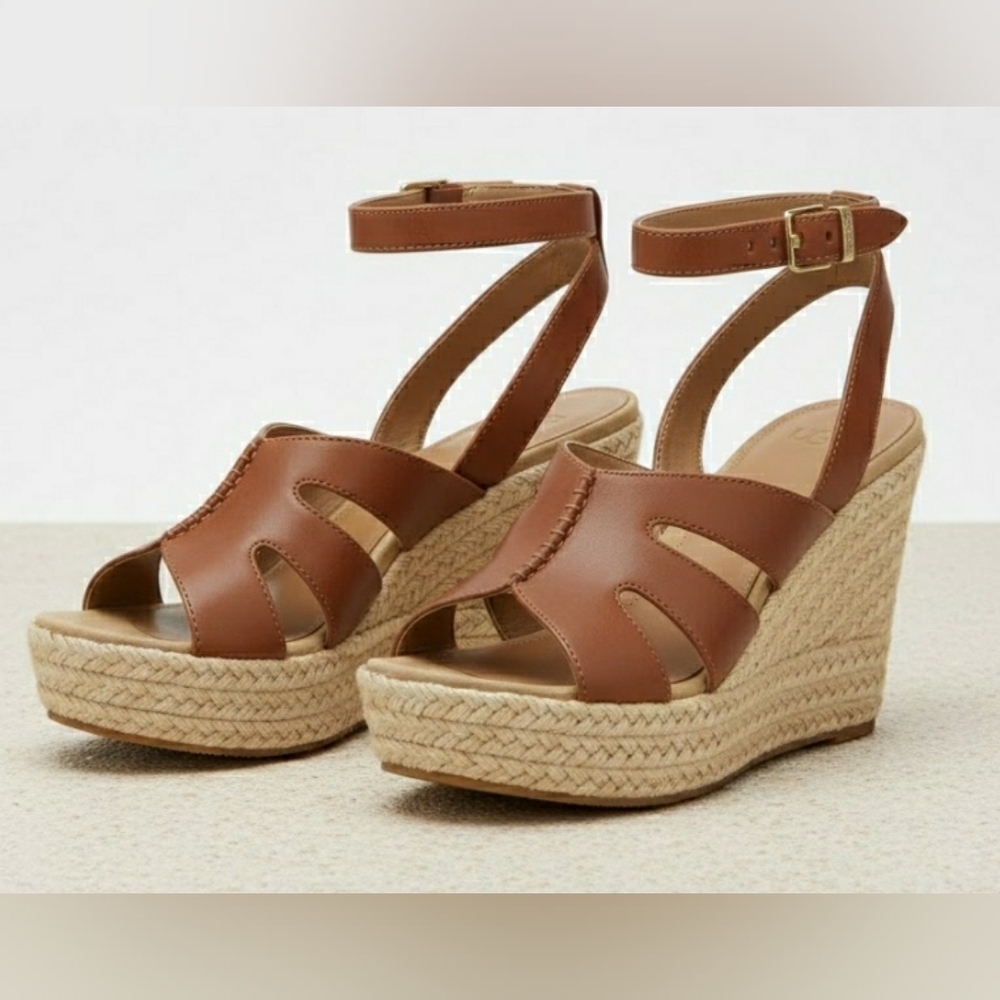 Chunky Platform Wedge Sandals Boho UGG 9.5 Leather Espadrille New - Picture 2 of 4